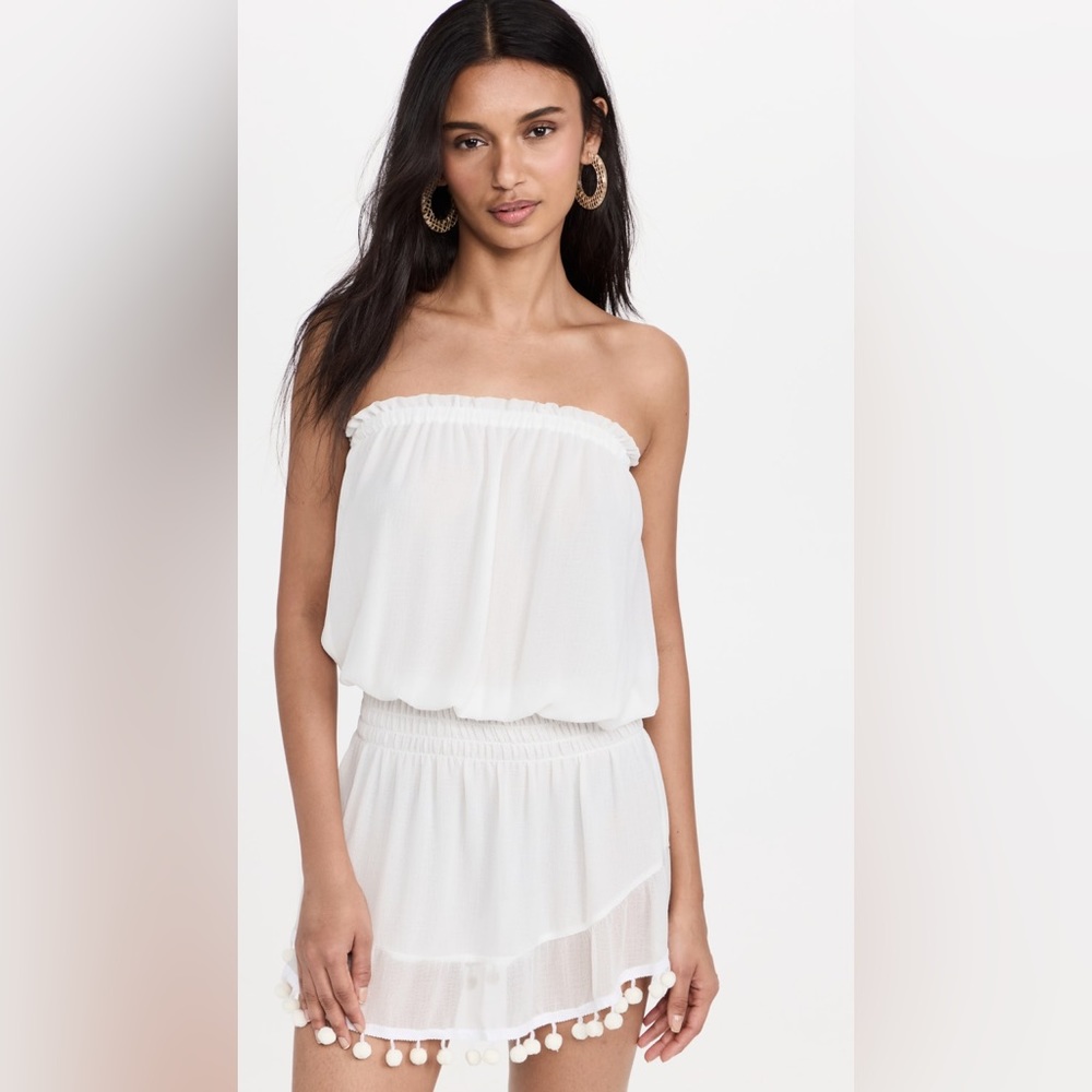 Ramy Brook White Pompom Trim Strapless Chiffon Coverup Mini Marcie Dress EUC S
